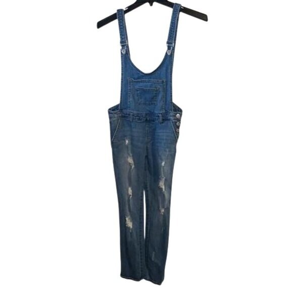 Girls I & M Jeans Distressed Denim Overalls Size L Mid-Rise Adjustable Straps - Picture 1 of 9